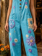 Women's Retro Style Art Print Washed Cotton Denim Patchwork Jumpsuit