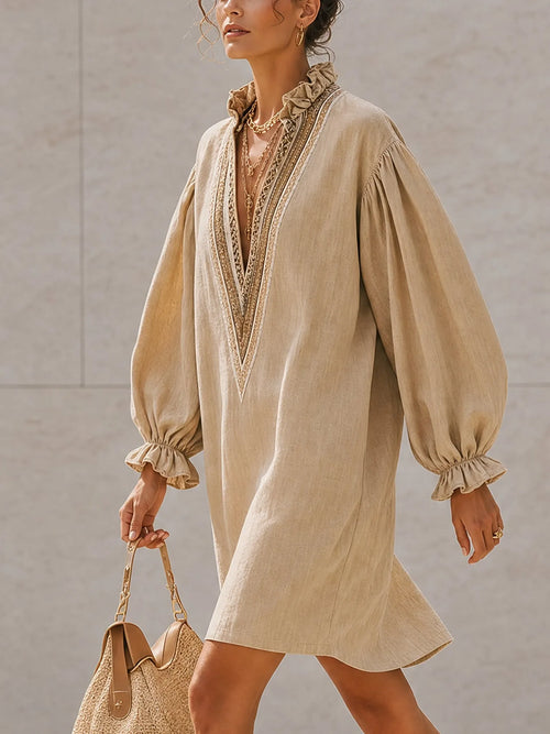 Beige Linen Deep V-Neck Loose Mini Dress