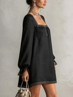 Black Rhinestone Trim Square Neck Lace Cuff Mini Dress
