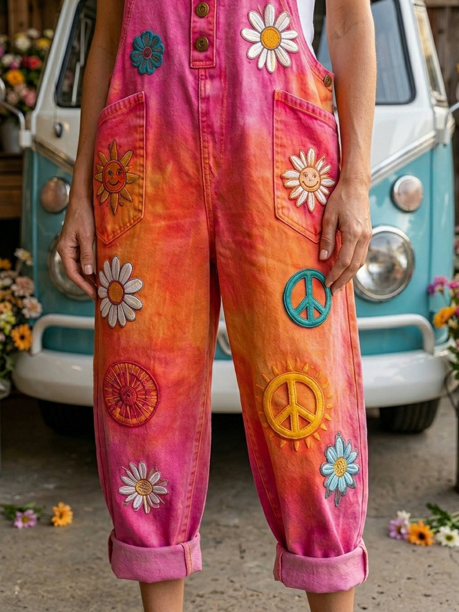 Women's Retro Style Art Print Washed Cotton Denim Patchwork Jumpsuit
