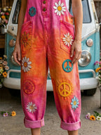 Women's Retro Style Art Print Washed Cotton Denim Patchwork Jumpsuit