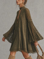 Olive Green Faux Suede Deep V Lace Flare Sleeve Mini Dress