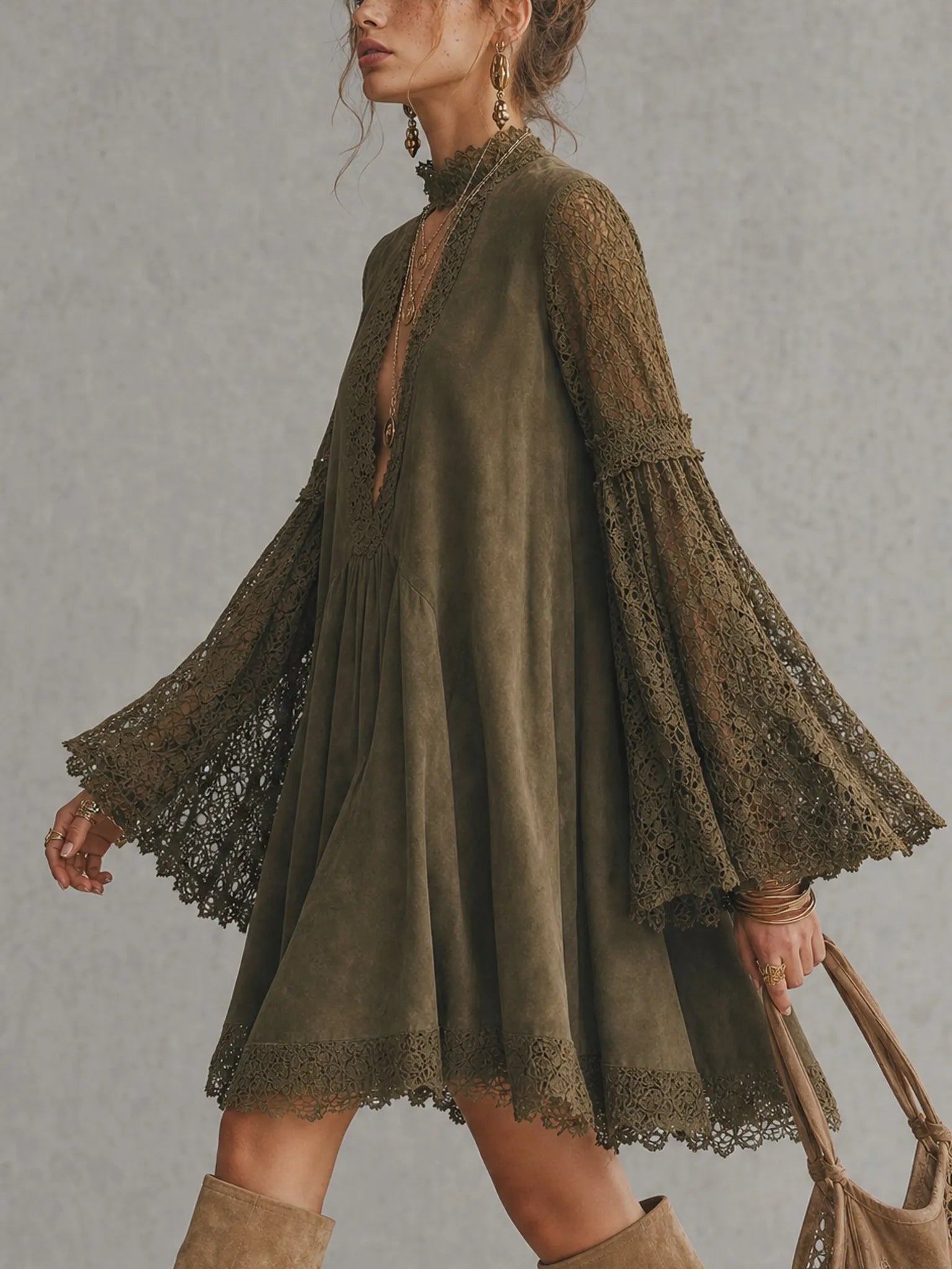 Olive Green Faux Suede Deep V Lace Flare Sleeve Mini Dress