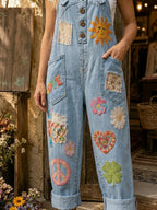 Women's Retro Style Art Print Washed Cotton Denim Patchwork Jumpsuit