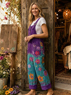 Women's Retro Style Art Print Washed Cotton Denim Patchwork Jumpsuit