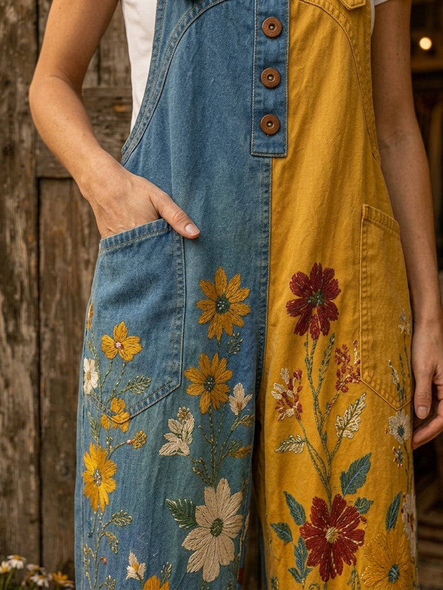 Women's Retro Style Art Print Washed Cotton Denim Patchwork Jumpsuit