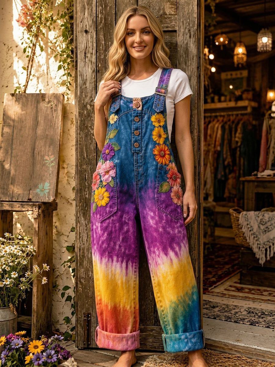 Women's Retro Style Art Print Washed Cotton Denim Patchwork Jumpsuit