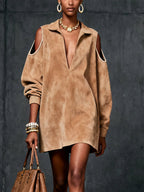 Camel Faux Suede Cold-Shoulder Mini Dress