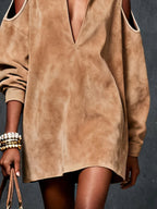 Camel Faux Suede Cold-Shoulder Mini Dress