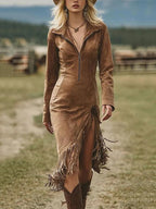 Suede Long-sleeved Irregular Tassel Hem Midi Dress