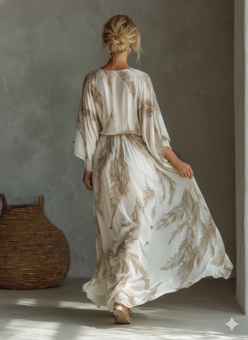Twist Front & Palm Leaf Print Chiffon Dolman Sleeve Maxi Dress