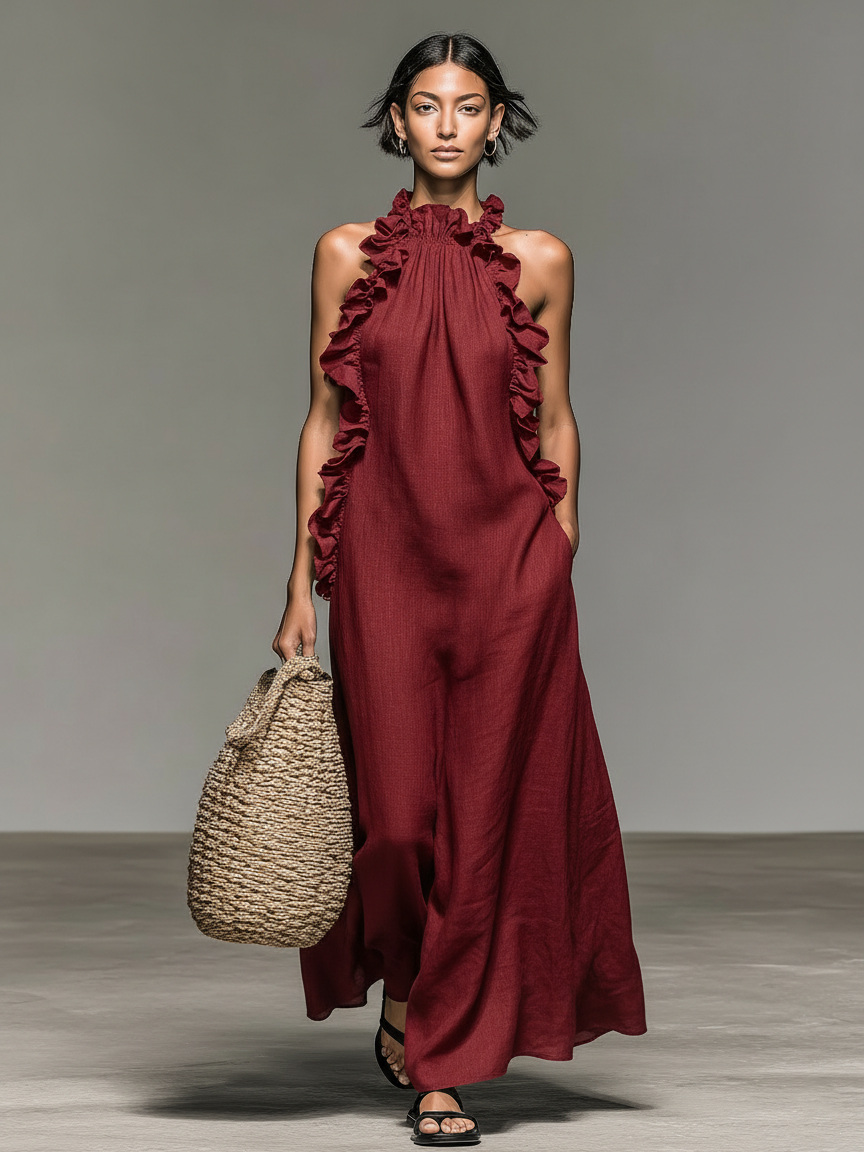 Linen Sleeveless Ruffle Maxi Dress