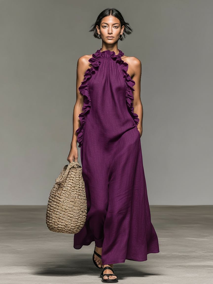 Linen Sleeveless Ruffle Maxi Dress
