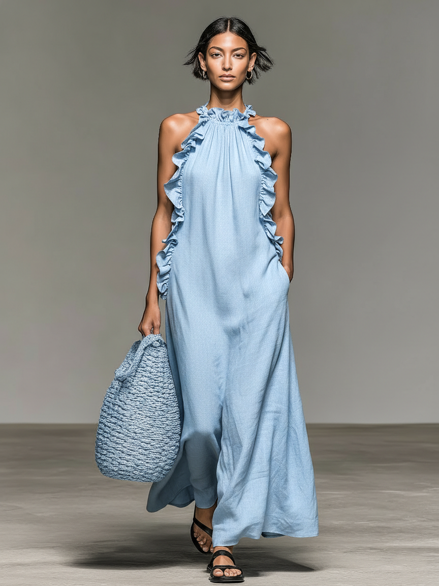 Linen Sleeveless Ruffle Maxi Dress