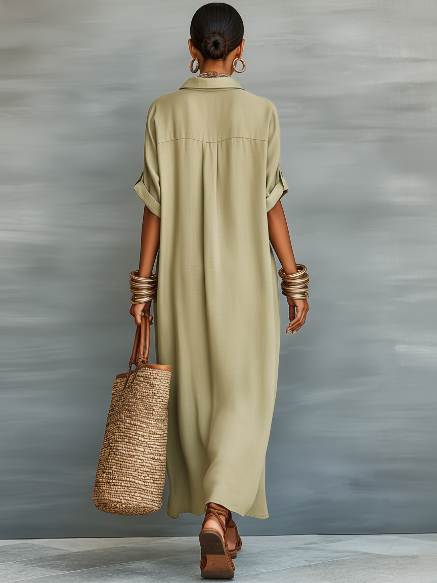 Linen-Blend Short-Sleeve Shirt Maxi Dress