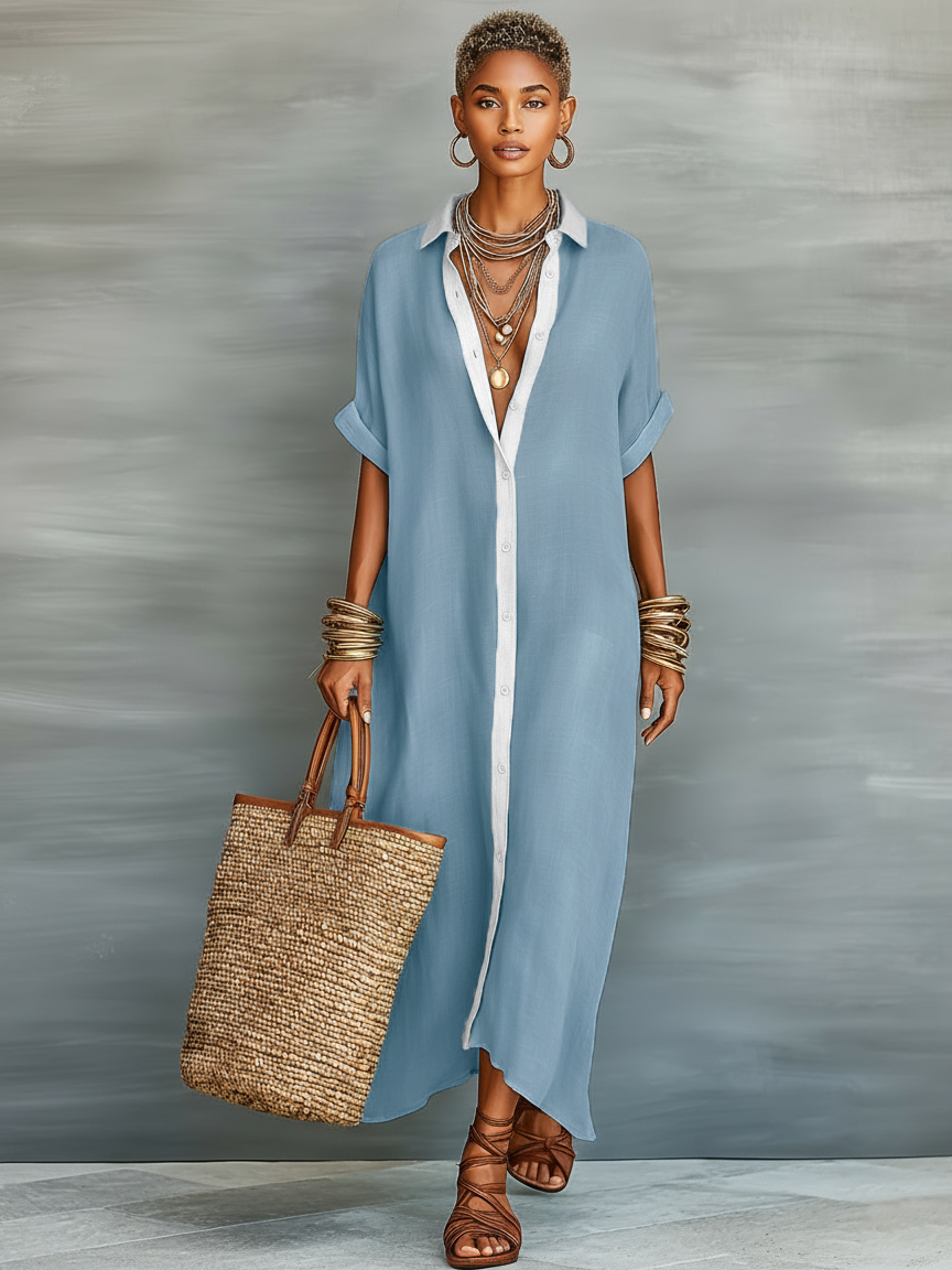 Linen-Blend Short-Sleeve Shirt Maxi Dress