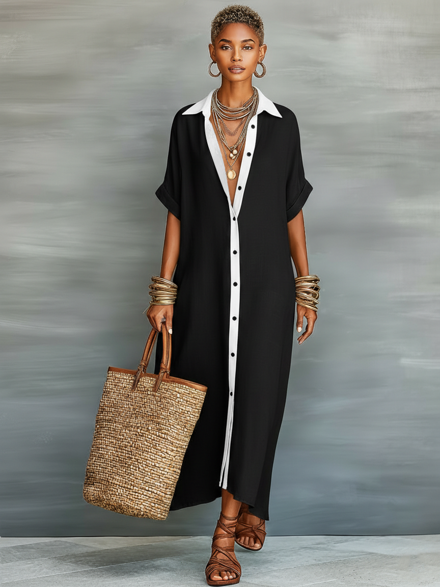 Linen-Blend Short-Sleeve Shirt Maxi Dress
