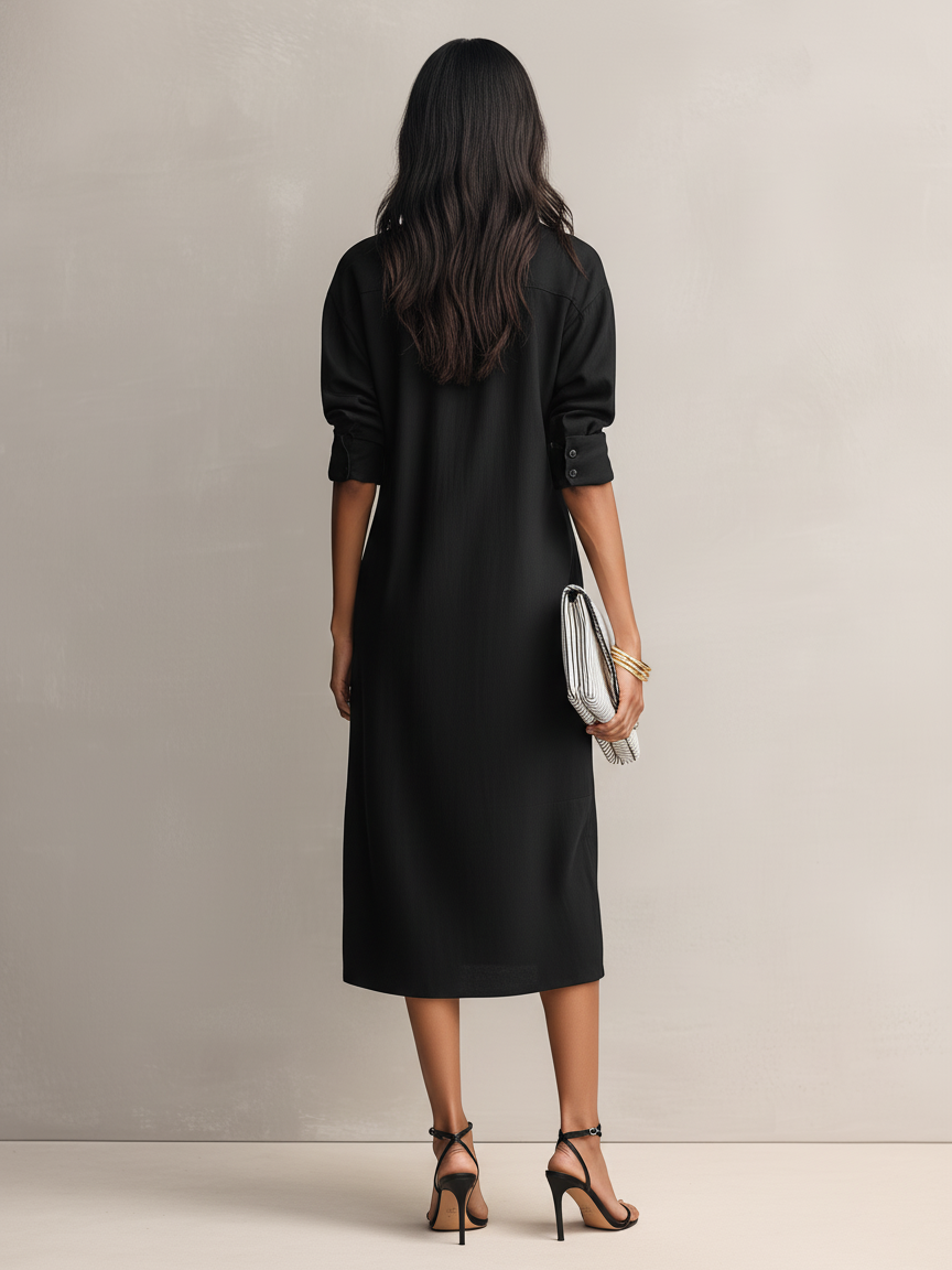 Shirt Collar Cotton-Linen Midi Dress