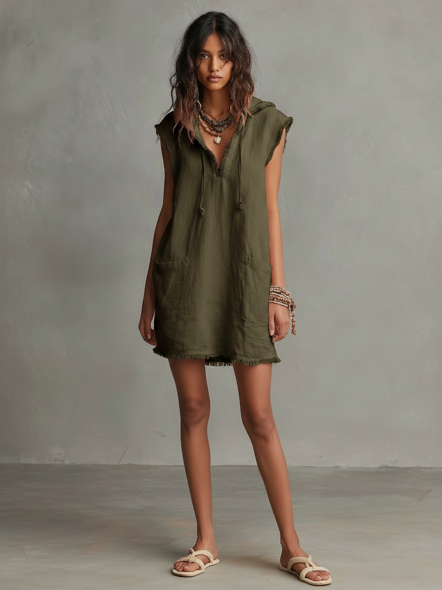 Hooded Linen-Blend Mini Dress