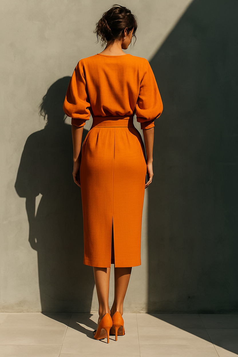 Orange Mid-sleeve Top And Midi Skirt Set