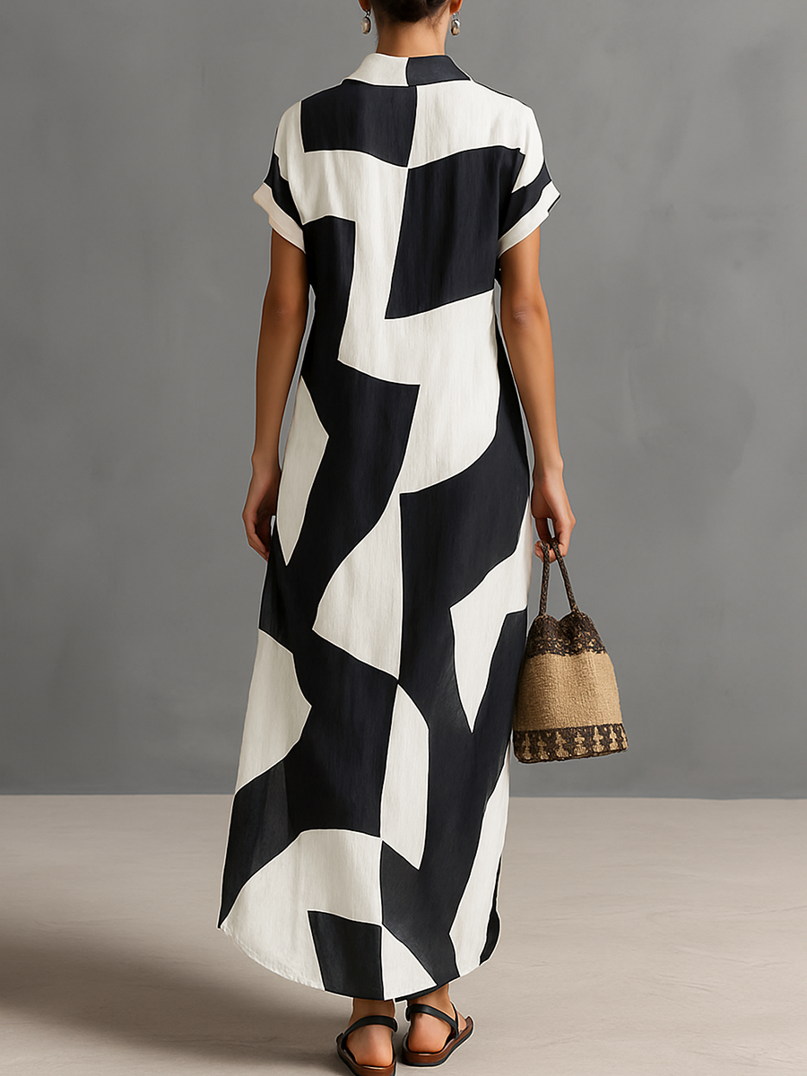 Cotton-Linen Geometric Print Short-Sleeve Maxi Shirt Dress