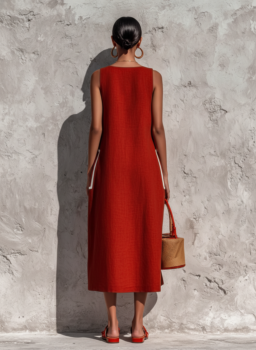 Red Piping Pocket Midi Dress