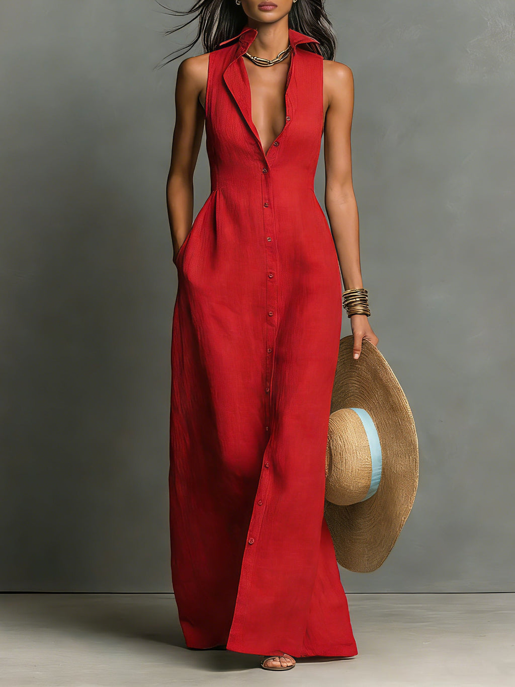 Linen Button-Front Shirt Dress