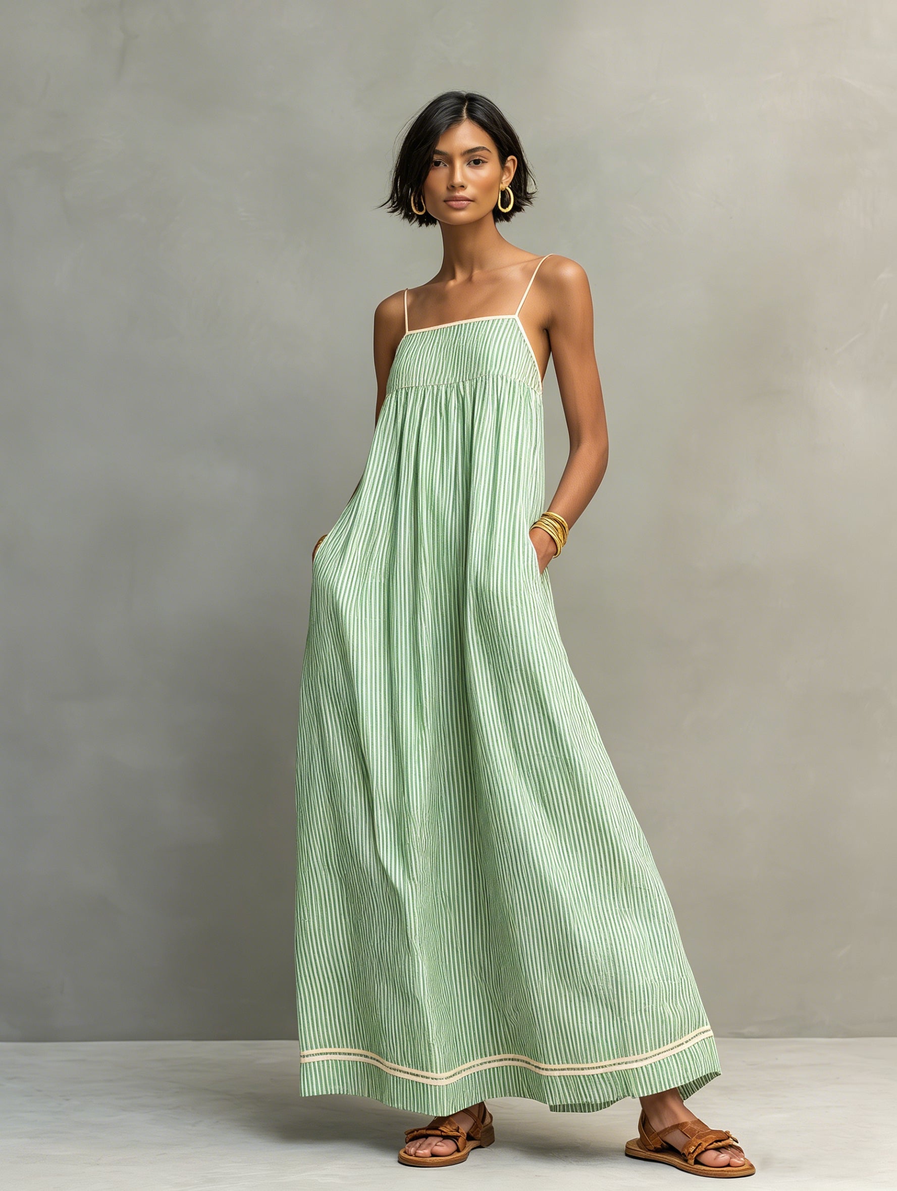 Striped Maxi Dress With Red Piping