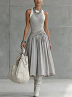 The Gray Ribbed Set — Sculpted Top & Draped Midi Skirt
