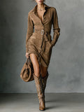 Suede Single Breasted Lapel Long Sleeve Midi Dress