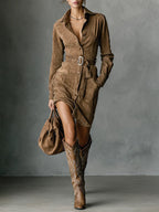 Suede Single Breasted Lapel Long Sleeve Midi Dress