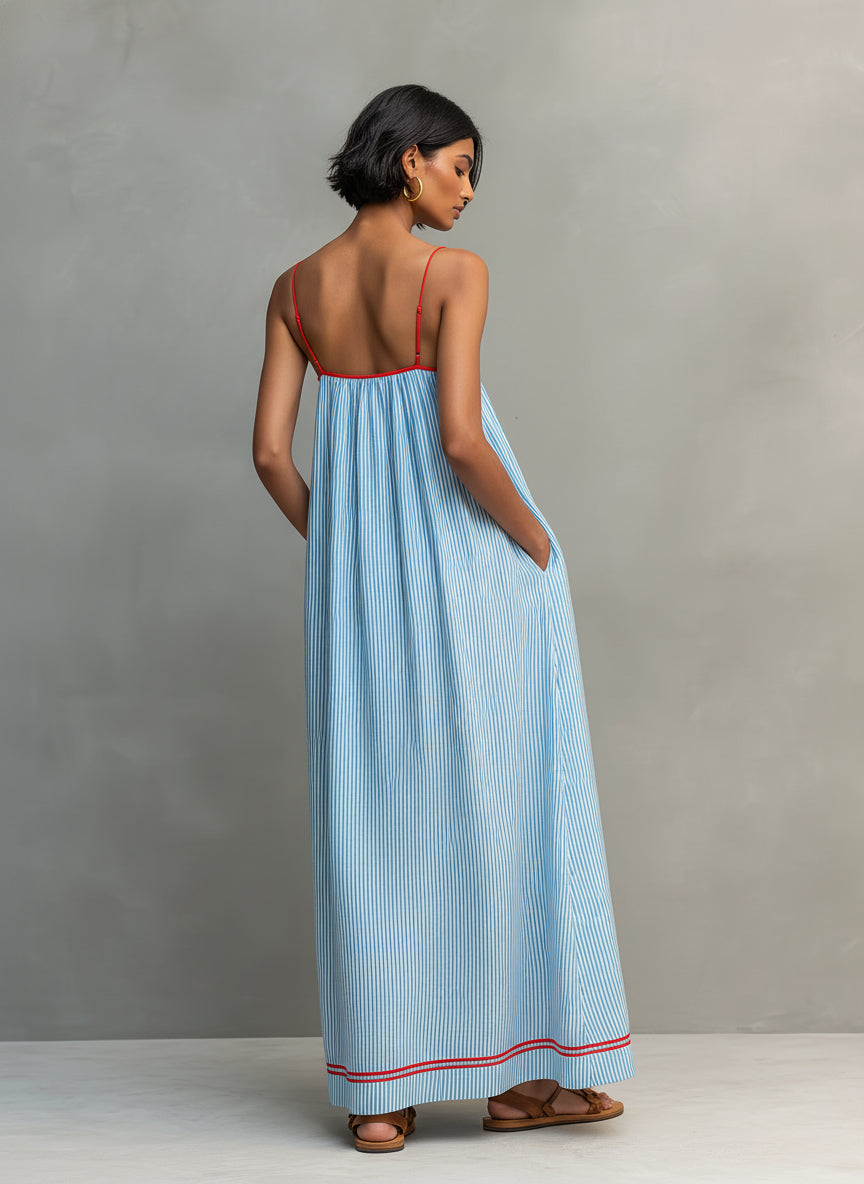 Striped Maxi Dress With Red Piping