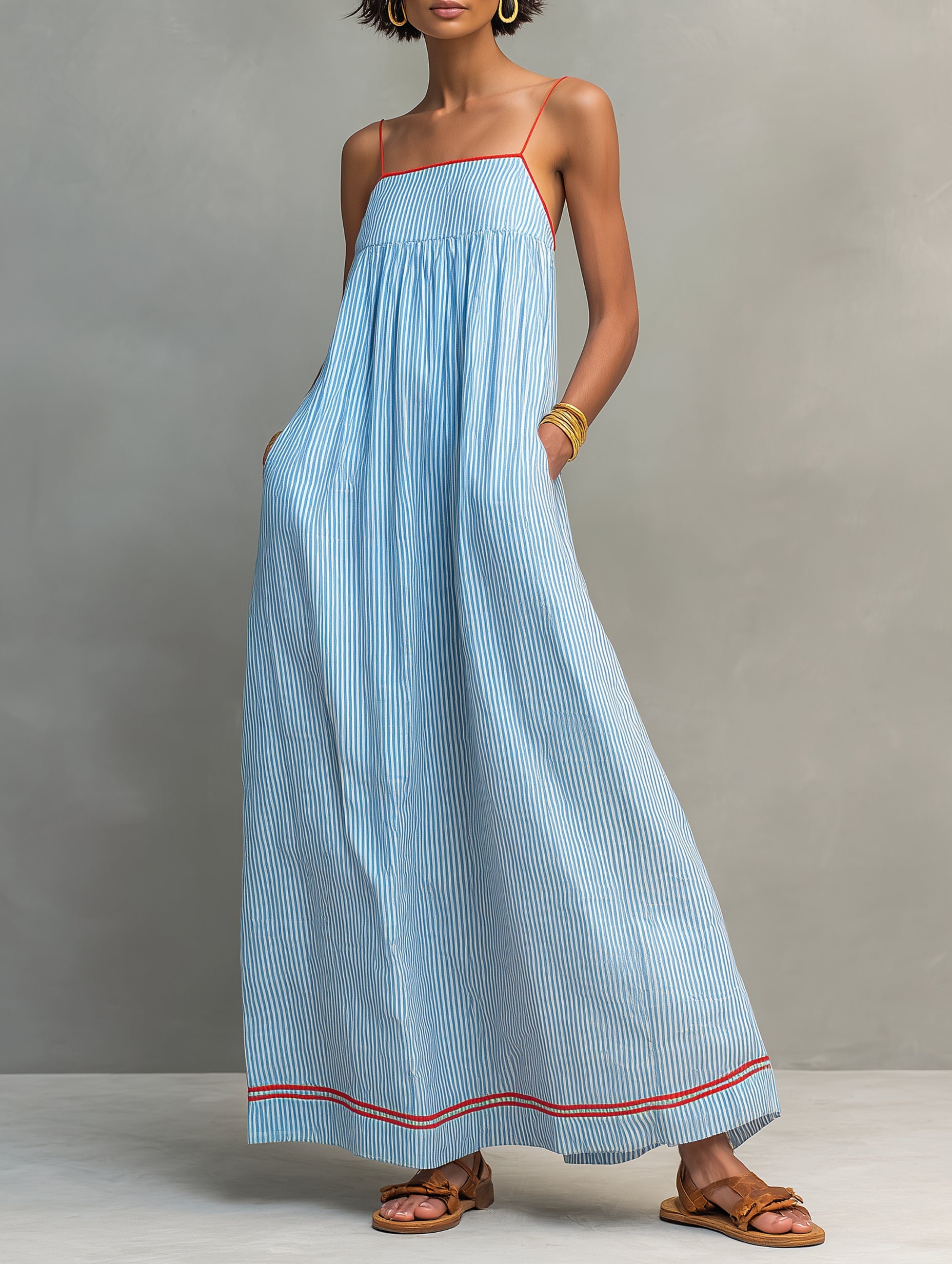 Striped Maxi Dress With Red Piping