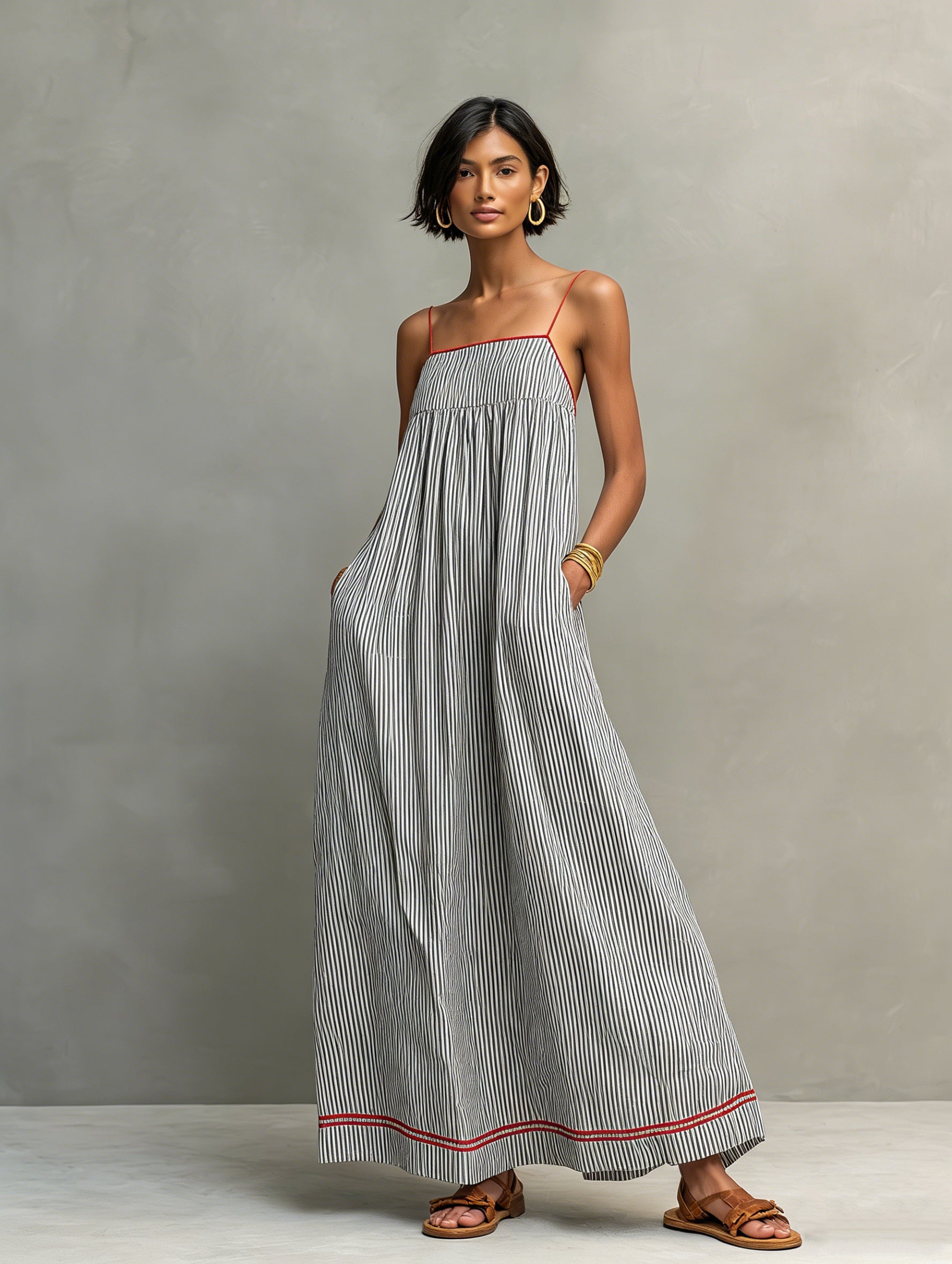 Striped Maxi Dress With Red Piping