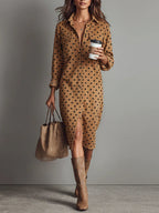 Polka Dot Faux Suede Shirt Midi Dress