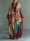 Japanese Red Plum Blossom Print Batwing Sleeve Maxi Dress