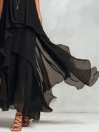 Black Chiffon Layered Round Neck Sleeveless Maxi Dress