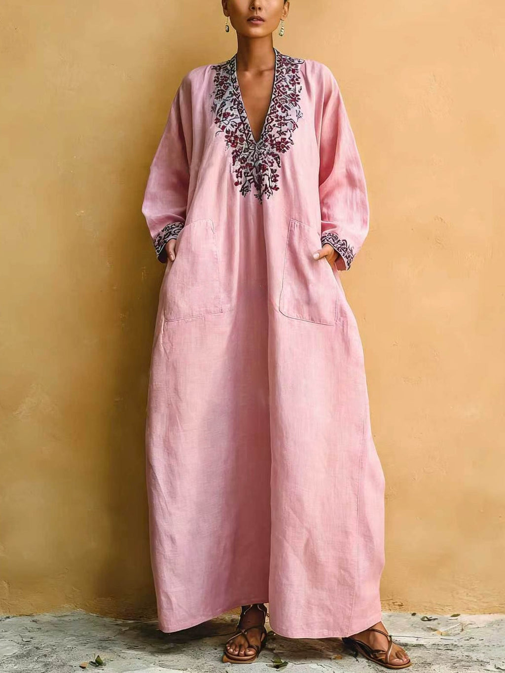 Pink Minimalist Holiday Print V-neck Loose Maxi Dress
