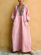 Pink Minimalist Holiday Print V-neck Loose Maxi Dress