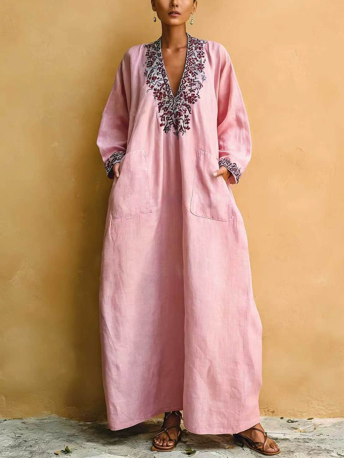 Pink Minimalist Holiday Print V-neck Loose Maxi Dress