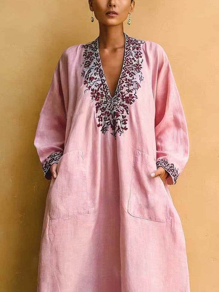 Pink Minimalist Holiday Print V-neck Loose Maxi Dress