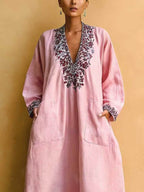 Pink Minimalist Holiday Print V-neck Loose Maxi Dress
