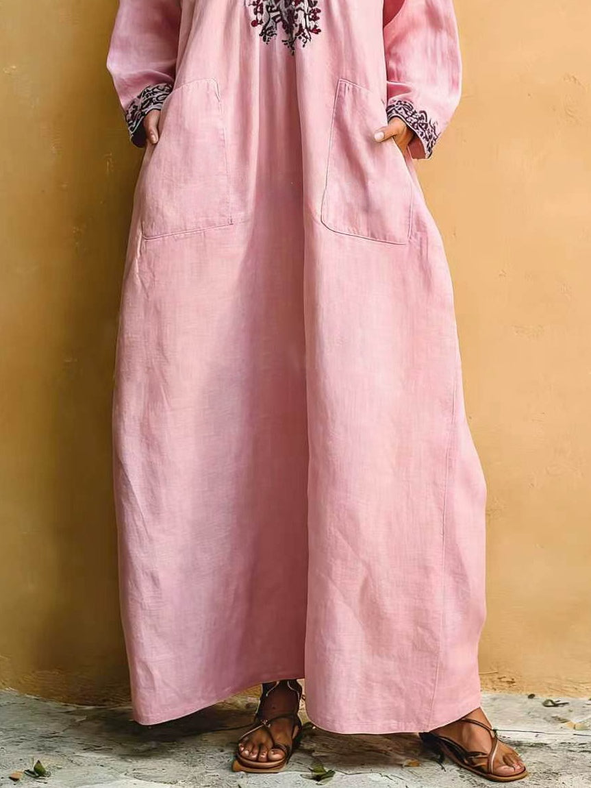 Pink Minimalist Holiday Print V-neck Loose Maxi Dress