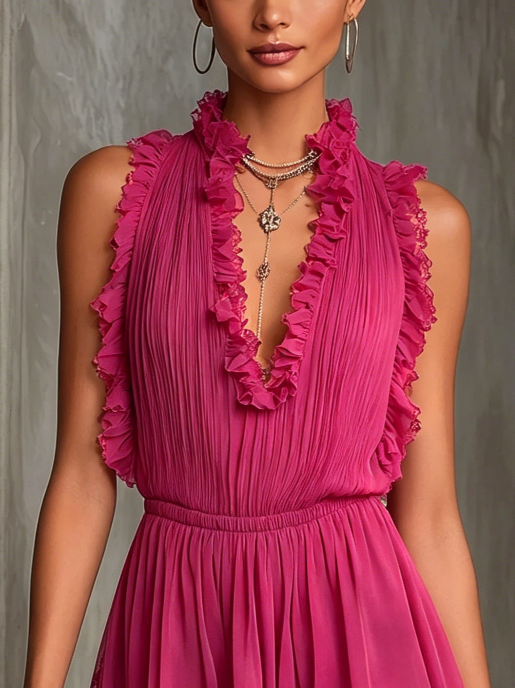 Ruffle Trim Pleated Chiffon Lace Jumpsuit