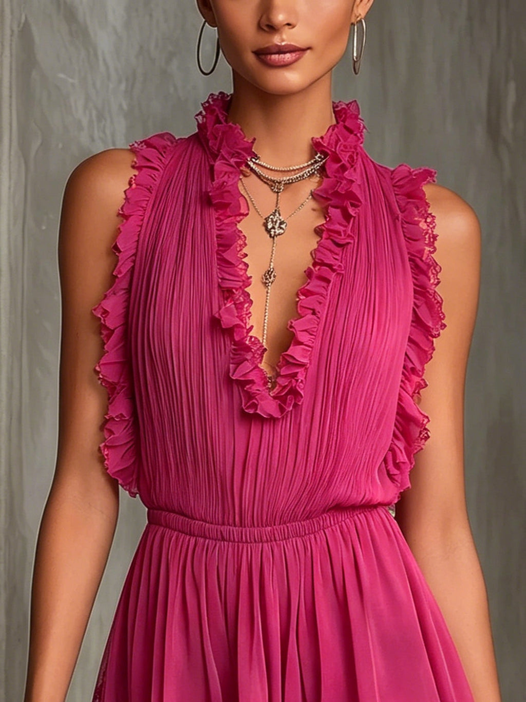 Fuchsia Ruffle Trim Pleated Chiffon Lace Jumpsuit