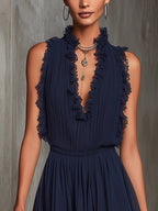 Ruffle Trim Pleated Chiffon Lace Jumpsuit