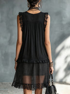 Black Lace-trimmed Ruffled Sheer Polka Dot Mini Dress