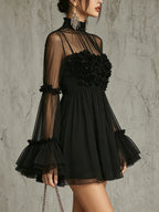 Black Sheer Floral Appliqué High Neck Pleated Chiffon Mini Dress