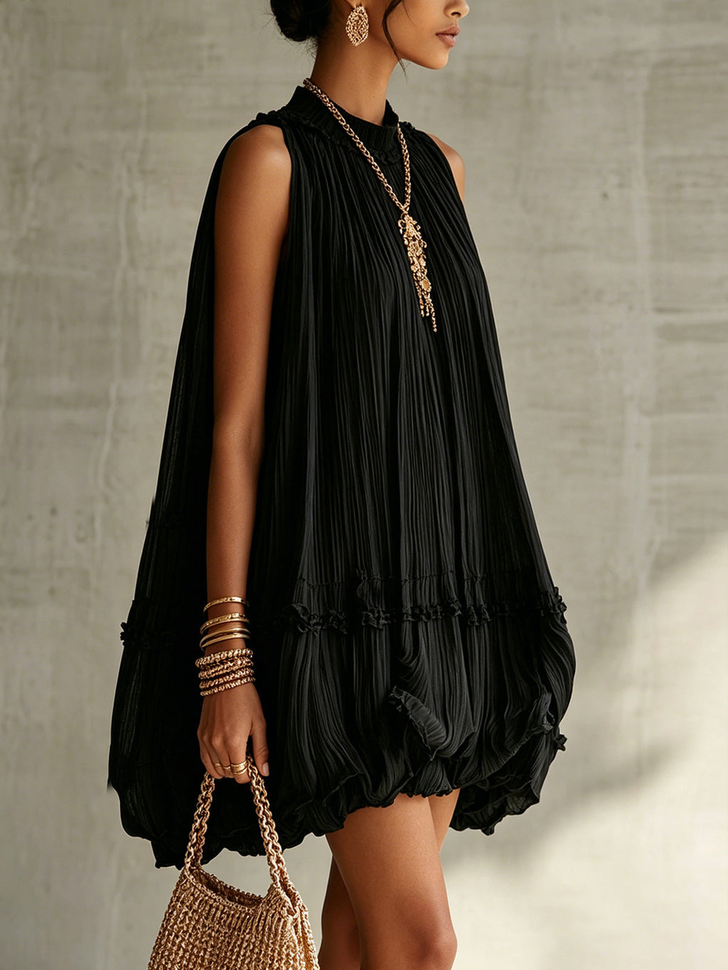 Halter Neck Ruffled Chiffon Bubble Mini Dress