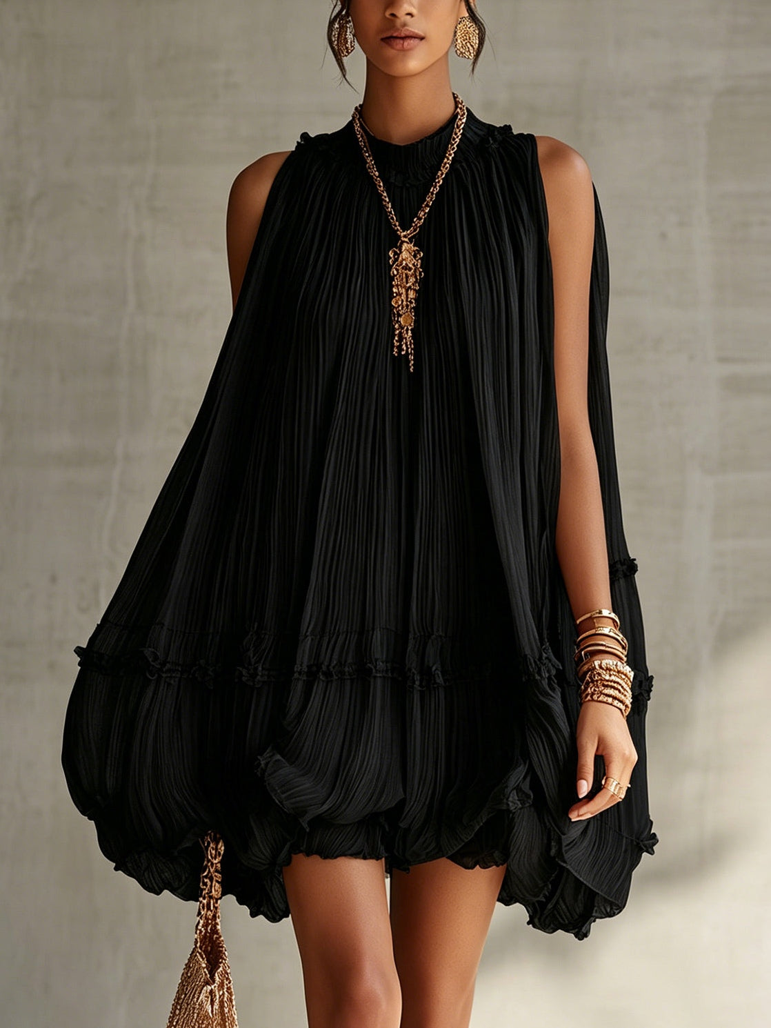 Halter Neck Ruffled Chiffon Bubble Mini Dress